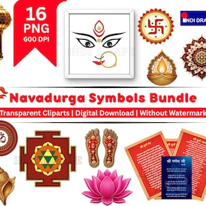 May include: A collection of Navadurga symbols, including a framed illustration of a deity's face, a lotus flower, and various religious icons. The image also includes text that reads "Navadurga Symbols Bundle".