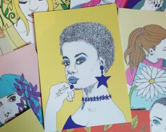 Purple Star, Woman Illustration, digitally coloured ink drawing, Postcard Art Print
