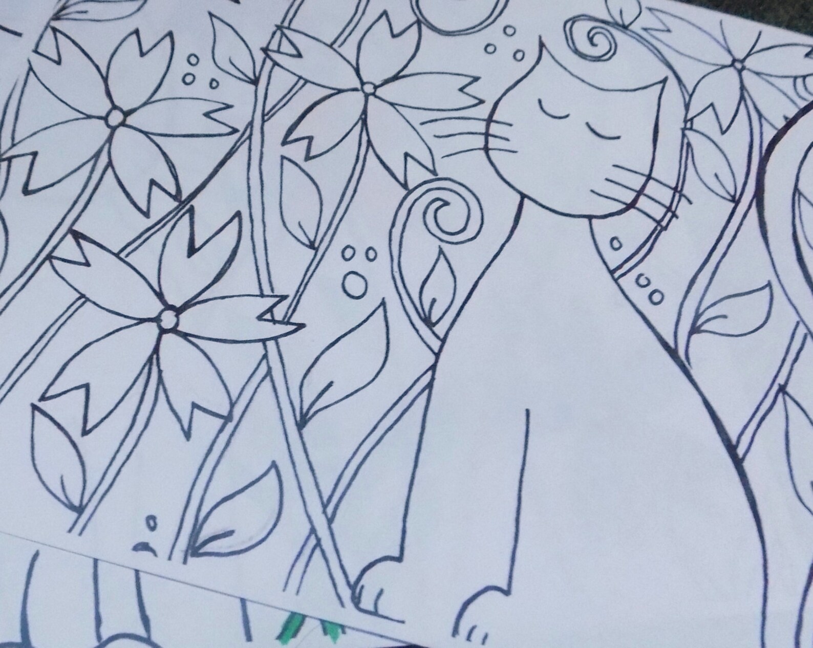 Cat Colouring in Page, Cat and Flowers, Digital, Download, Art