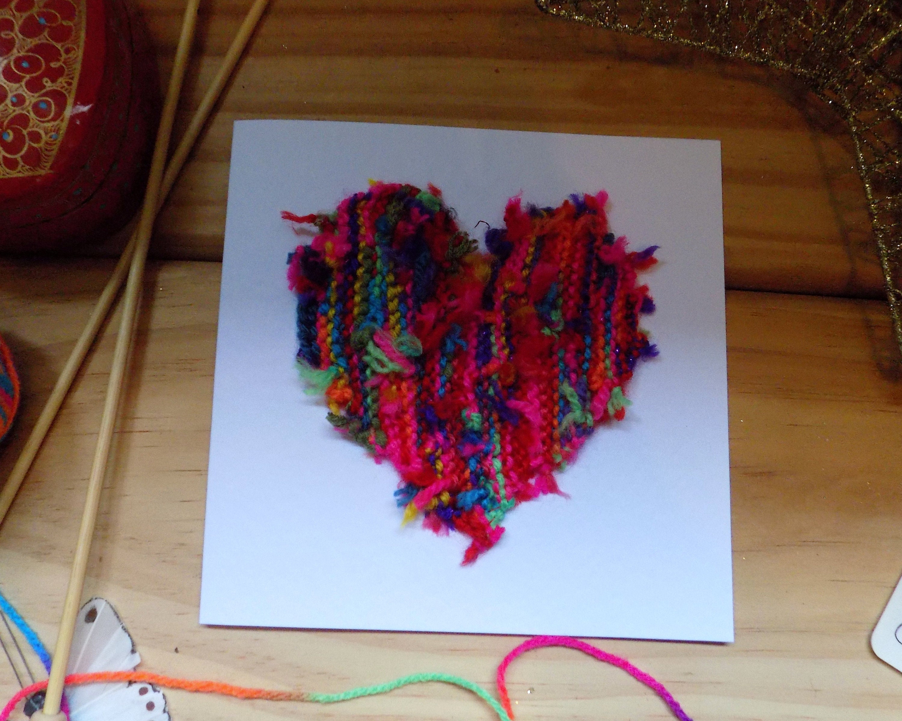 bright coloured heart card, knitted art card , anniversary card, birthday  card, thank you, blank inside