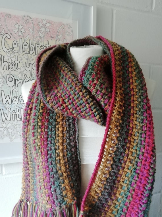 Rainbow Tasseled Crocheted Scarf