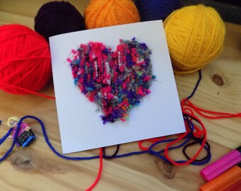 Bright Pink,Purple, Multi-Coloured Heart Card, Knitted Card , Art Card, Anniversary Card,  Engagement Card, Thank you, Blank Inside