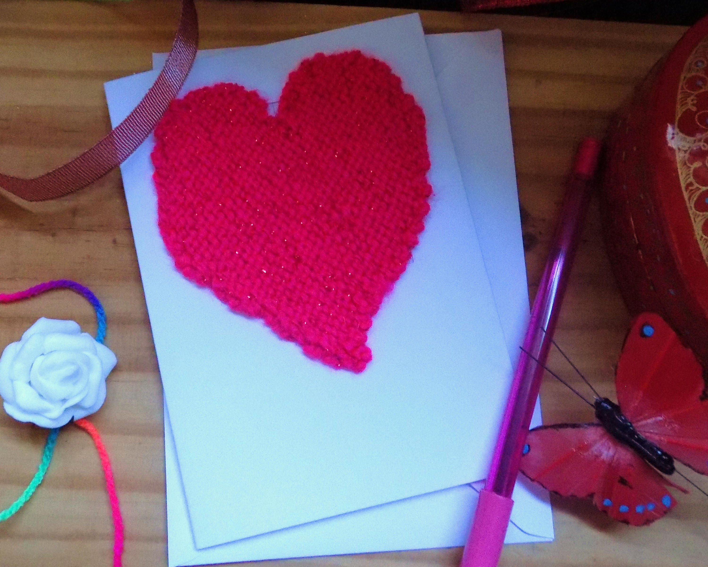 knitted anniversary card, pink love heart card, engagement card, blank  inside, birthday, thank you