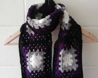 Purple and Black Crochet Granny Square Scarf, Ace, Asexual Colours