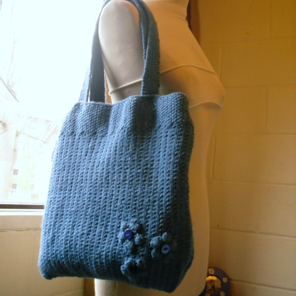 Hand Knitted Bag, Knitted Tote, Blue Knitted Handbag