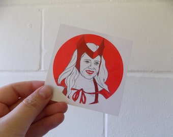 Sticker Wanda Maximoff, Scarlet Witch Portrait,  digitally collaged ink drawing 8cm sticker