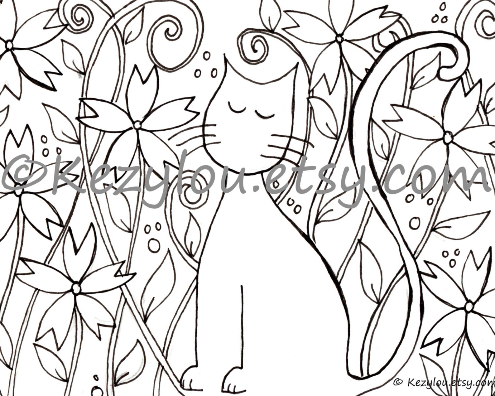Cat Colouring in Page, Cat and Flowers, Digital, Download, Art