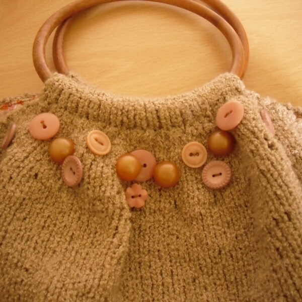 Hand Knitted Bag, Small Round Handled Bag, Apricot Handbag, Recycled Handbag