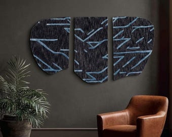 Handmade Wool Textile Wall Art Set, Abstract Blue Modern Decor, Statement Piece