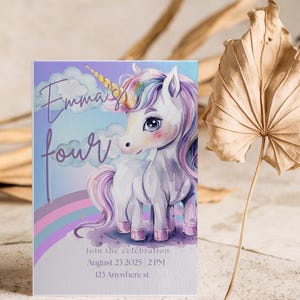 Unicorn Pink and Purple Birthday Invitation Girl Editable Canva Template Printable Download