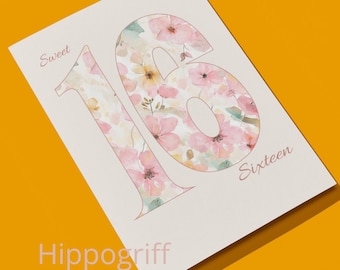 Zestaw zaproszeń na przyjęcie urodzinowe Sweet 16 Pink Flowers Edytowalny szablon Canva do druku Pobierz