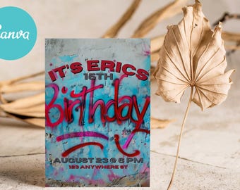 Invitación de cumpleaños con grafiti: plantilla editable de Canva para imprimir y descargar