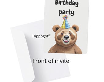 May include: A white birthday party invitation card with a cartoon bear wearing a party hat. The text "Birthday party" is written in black above the bear. An open white envelope is next to the card.