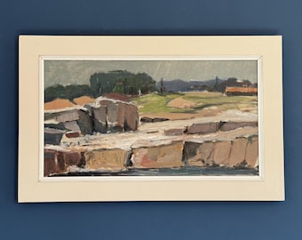 Modernist abstract vintage original oil painting on canvas 'Coastal Landscape' mid-century with frame