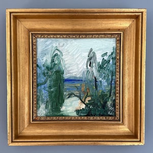 May include: An oil painting in a gold frame depicts a landscape scene with green and blue hues. The artwork features brushstrokes suggesting trees and a body of water, with a light blue sky. The frame is rectangular and has a detailed, ornate design.