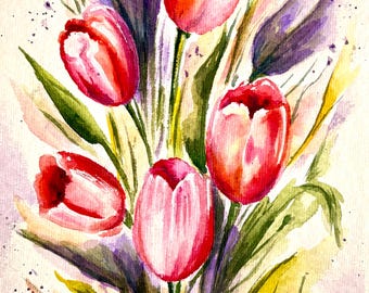 May include: A watercolor painting of five red and pink tulips with green stems and leaves. The artwork features loose brushstrokes, soft color blending, and dark purple paint splatters throughout the composition. The artist signature is visible.