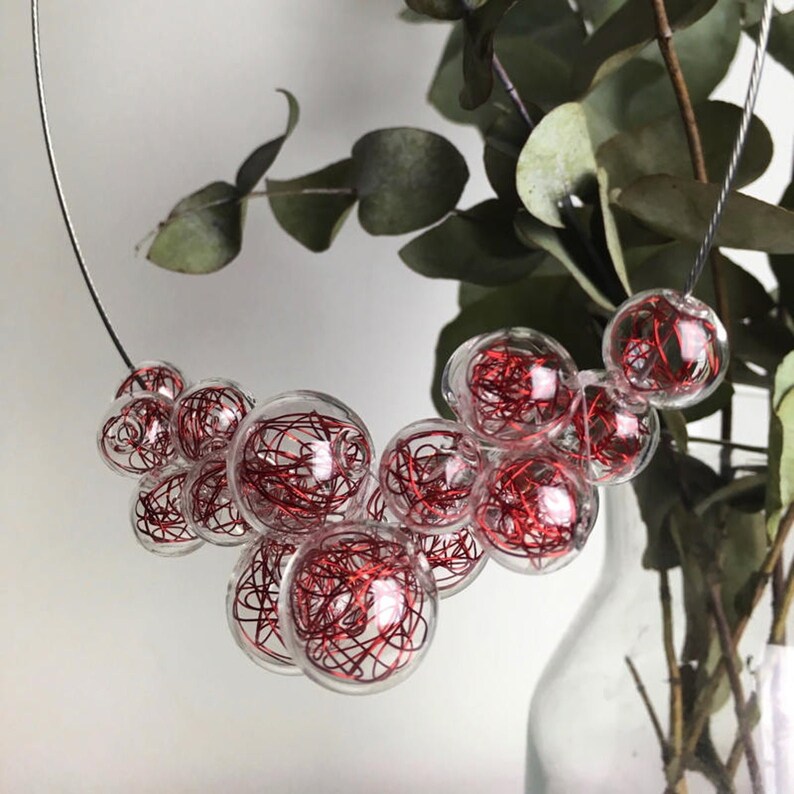 Blown glass bubble statement necklace foam Various Colours Red