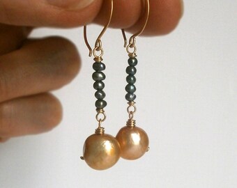 Orange Pearl Blue Pearl Bar Earrings 14k Gold Fill Dangles Modern Pearl Drops Earrings Colorful Earrings June Birthstone