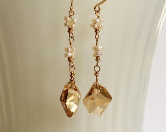 Gold Swarovski Crystal Pearl Flower Earrings Gold Crystal Dangles White Pearl Drops June Birthstone Bride Earrings