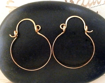 Small Hammered Rose Gold Hoops, Gold Hinged Hoop Earrings, Hoops with Wires, Lightweight Hoops, Artisan Hoops, Wire Jewelry 1" or 1.25"