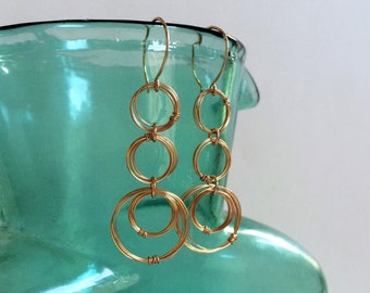 Gold Open Circle Drop Earrings 14kt Gold Fill Hoop Dangles Gold Rings Earrings Coiled Wire Jewelry Gold Wire Wrapped Earrings