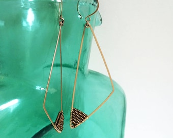 Gold Beaded Triangle Hoop Earrings Long Geometric 14k Gold Fill Hoop Dangles Gold Drop Earrings Shoulder Dusters Gold Statement Earrings