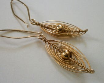 Delicate Gold Wire Wrapped Oval Marquise Earrings Small 14k Gold Fill Dangles Woven Wire Herringbone Earrings Wire Jewelry