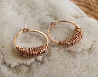 Small Rose Gold Sleeper Hoop Earrings Huggie Hoops 14k Rose Gold Fill Huggy Hoops Texture Hoops Wire Wrapped Jewelry Rustic Hoops