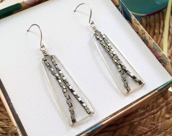 Long Silver Beaded Rectangle Bar Earrings Silver Bar Earrings Geometric Sterling Silver Hoop Dangles Hammered Wire Jewelry Tribal Jewelry