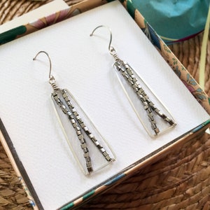 Long Silver Beaded Rectangle Bar Earrings Silver Bar Earrings Geometric Sterling Silver Hoop Dangles Hammered Wire Jewelry Tribal Jewelry image 1