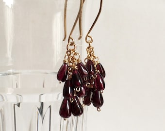 Red Garnet Cluster Earrings Delicate 14k Gold Fill Teardrop Earrings Small Beaded Gemstone Dangles January Birthstone Garnet Jewelry