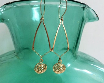 Gold Wishbone Spiral Dome Earrings Labyrinth Earrings Gold Drop, Disc, Swirl, Teardrop 14k Gold Fill Dangles Wire Jewelry V Earrings