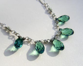 Delicate Green Swarovski Crystal Teardrop Necklace Green Crystal Briolette Fringe Necklace Sterling Silver or 14k Gold Fill