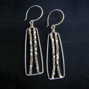 Long Silver Beaded Rectangle Bar Earrings Silver Bar Earrings Geometric Sterling Silver Hoop Dangles Hammered Wire Jewelry Tribal Jewelry image 3