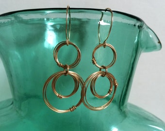 Gold Open Circles Drop Earrings Lightweight 14kt Gold Filled Dangles Coiled Rings Earrings Geometric Wire Jewelry Unique Everyday Earrings