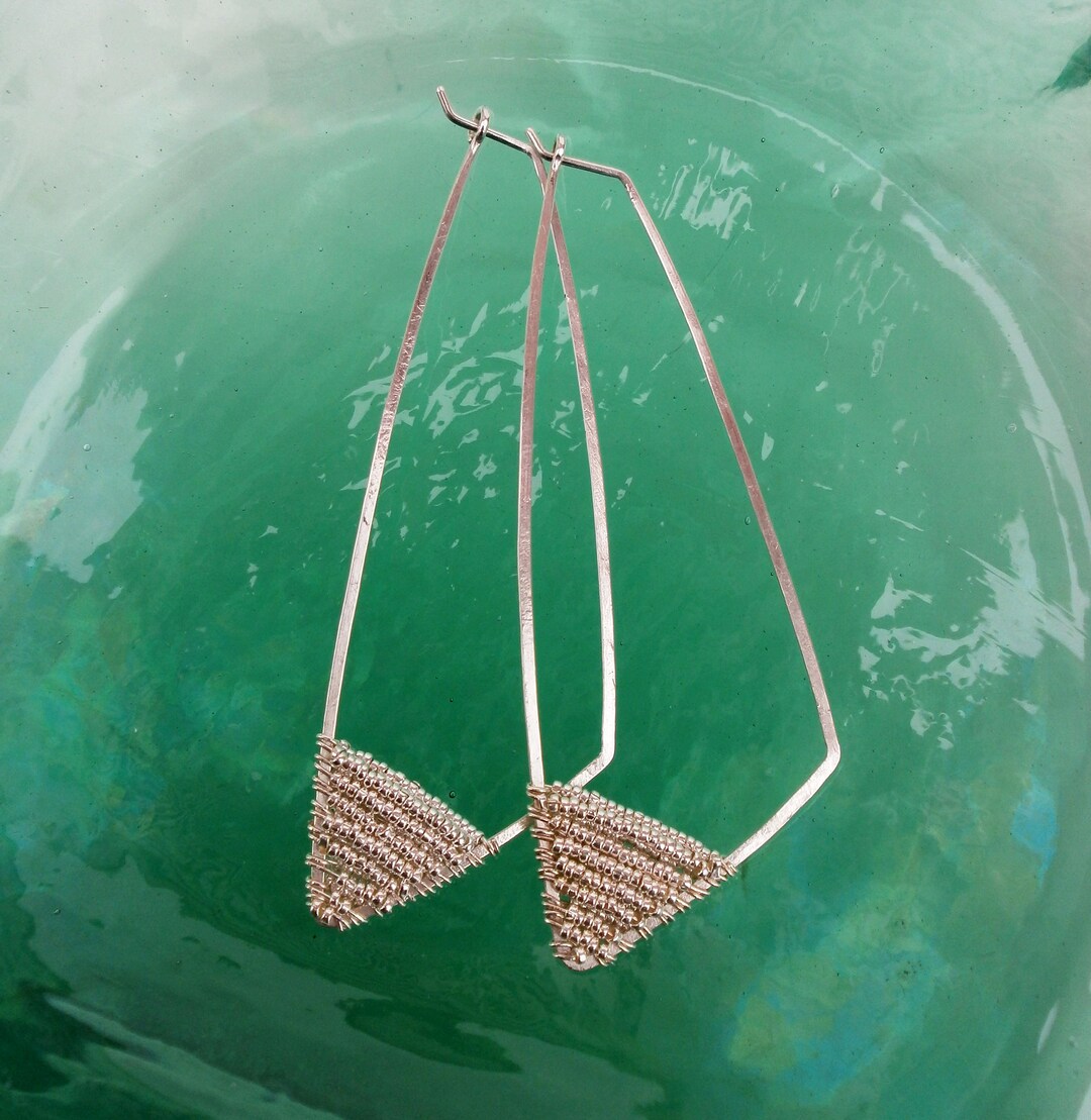 Long Beaded Silver Triangle Hoops Triangle Earrings Sterling Silver ...