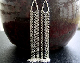 Long Silver Chain Earrings Beaded Teardrop Hoops Waterfall Earrings Extra Long Sterling Silver Fringe Dangles Silver Statement