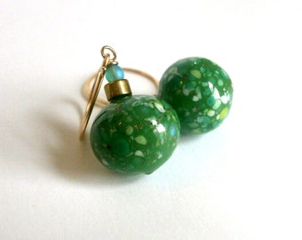 Green Venetian Bead Drop Earrings Simple 14k Gold Fill Dangles Small Colorful Earrings Green Jewelry