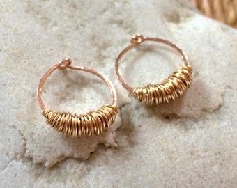 Small Rose Gold Yellow Gold Wire Wrapped Hoops Mixed Metal Sleeper Earrings Huggie Huggy Hoops Hammered Wire Jewelry