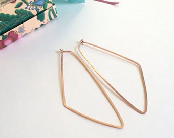 Long Rose Gold Triangle Hoops Triangle Earrings Geometric Statement Earrings Hammered Wire Jewelry Tribal Earring 3" Gold Hoops