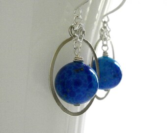 Blue Venetian Bead Silver Circle Earrings Sterling Silver Hoop Dangles Lapis Blue Silver Halo Earrings Hammered Wire Jewelry