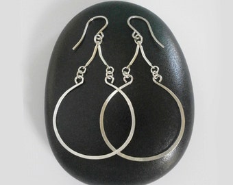 Sterling Silver Hoop Dangles Open Circle Earrings Hammered Wire Jewelry Arabesque Earrings Long Teardrop Hoop Earrings