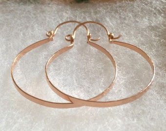 Rose Gold Hoops 1 1/2" Hammered Hinged Hoop Earrings Pink Gold Hoops Artisan Wire Jewelry