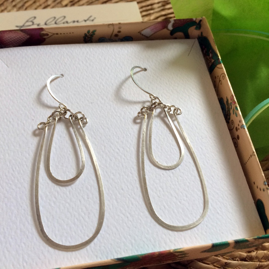 Long Silver Double Teardrop Earrings Hammered Silver Hoop Dangles ...