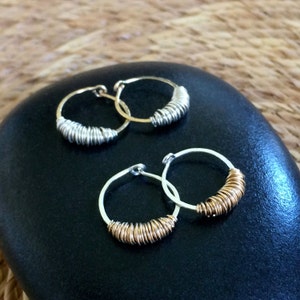 Small Silver Gold Sleeper Hoops Huggie Hoops Mixed Metal Earrings Hammered Wire Jewelry Tribal Jewelry
