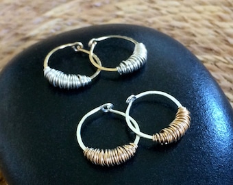 Small Silver Gold Sleeper Hoops Huggie Hoops Mixed Metal Earrings Hammered Wire Jewelry Tribal Jewelry