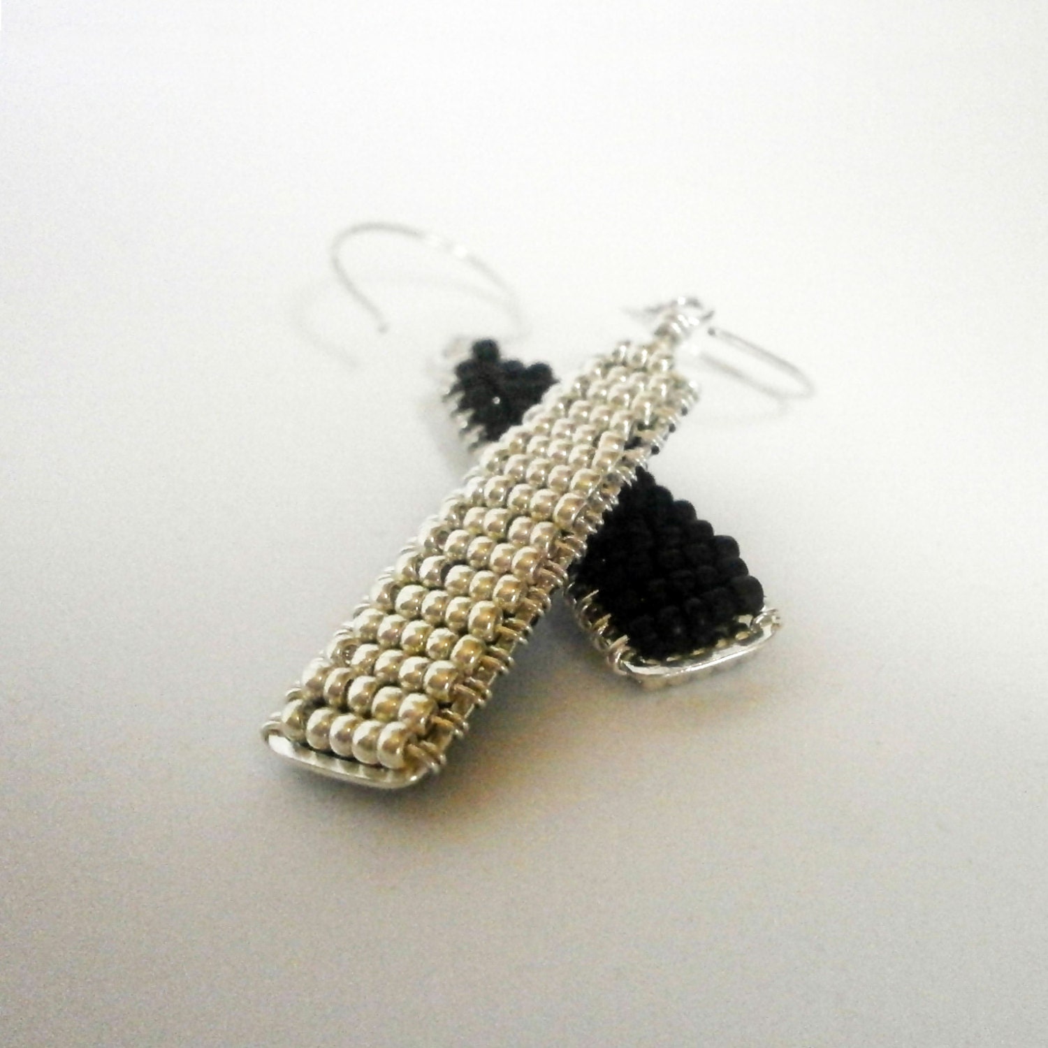 Silver Beaded Rectangle Bar Earrings Two Tone Silver Drop Etsy