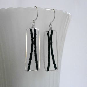 Long Silver Beaded Rectangle Bar Earrings Silver Bar Earrings Geometric Sterling Silver Hoop Dangles Hammered Wire Jewelry Tribal Jewelry image 8