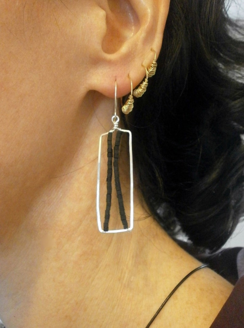 Long Silver Beaded Rectangle Bar Earrings Silver Bar Earrings Geometric Sterling Silver Hoop Dangles Hammered Wire Jewelry Tribal Jewelry image 6