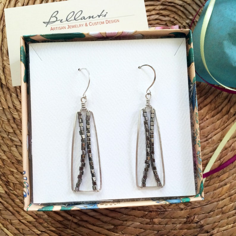 Long Silver Beaded Rectangle Bar Earrings Silver Bar Earrings Geometric Sterling Silver Hoop Dangles Hammered Wire Jewelry Tribal Jewelry image 2
